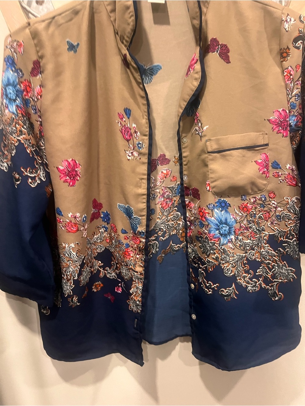 Floral Two-Tone Satin lounge set- Navy & Camel